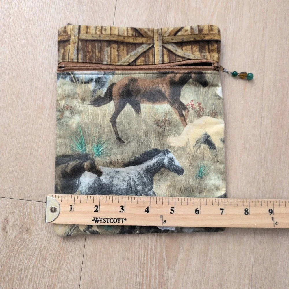 Handmade Wild Horse Print Fabric Zipper Pouch Equestrian Makeup Bag 7.5x9